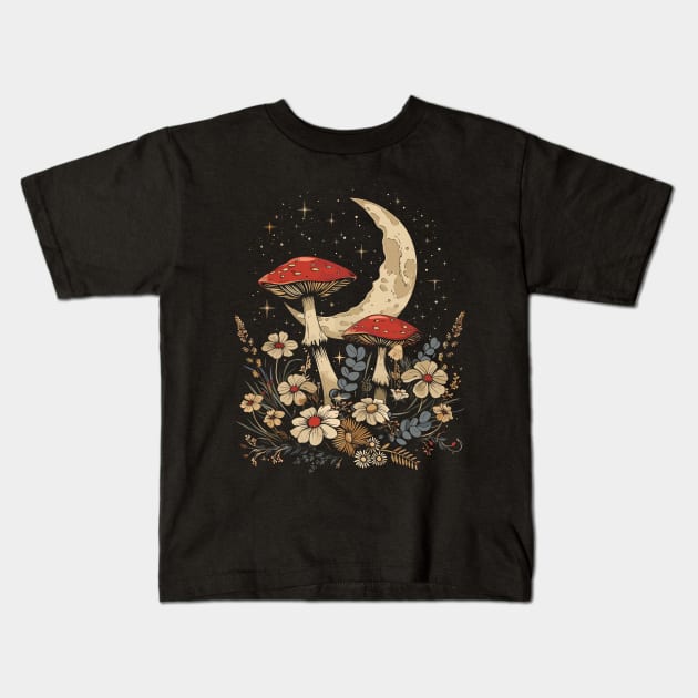 Vintage Goblincore and Cottagecore Mushroom & Floral lovers Kids T-Shirt by RetroZin